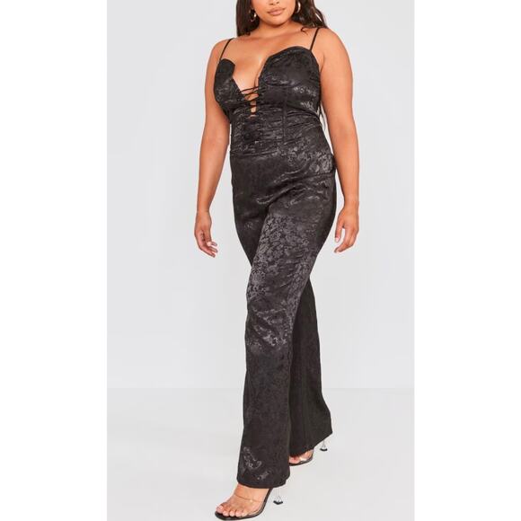 PrettyLittleThing Black Jacquard Satin Lace Up Corset Jumpsuit Size 12 Romantic - Picture 2 of 12